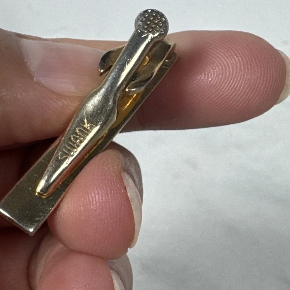 Vintage Gold Plated Signed Swank Black Rhinestone Accent Small Tie Clip Clasp